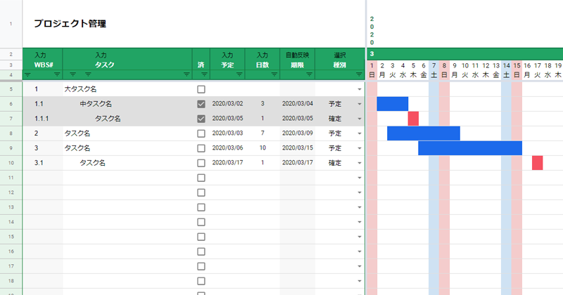 Wbsガントチャート風プロジェクト管理シートテンプレート